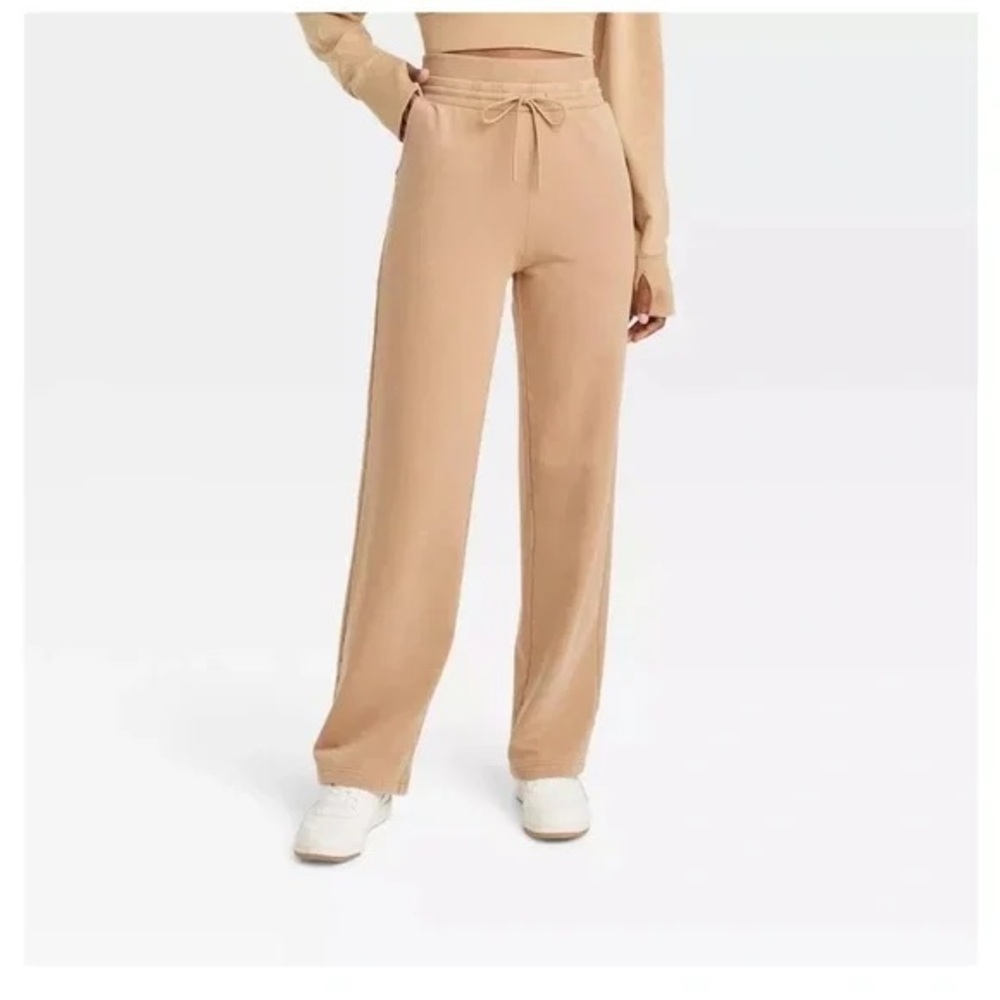 JoyLab Women's High Rise Open Bottom Fleece Pants Extra Long Length - Tan - XXL